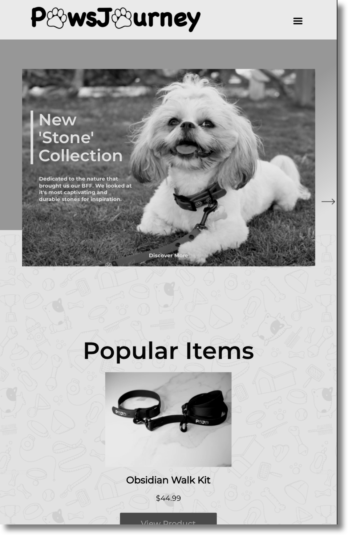 A portfolio image of our ecommerce client Paws Journey, a dog accessory small business, whom for we designed their logo, branding and website.