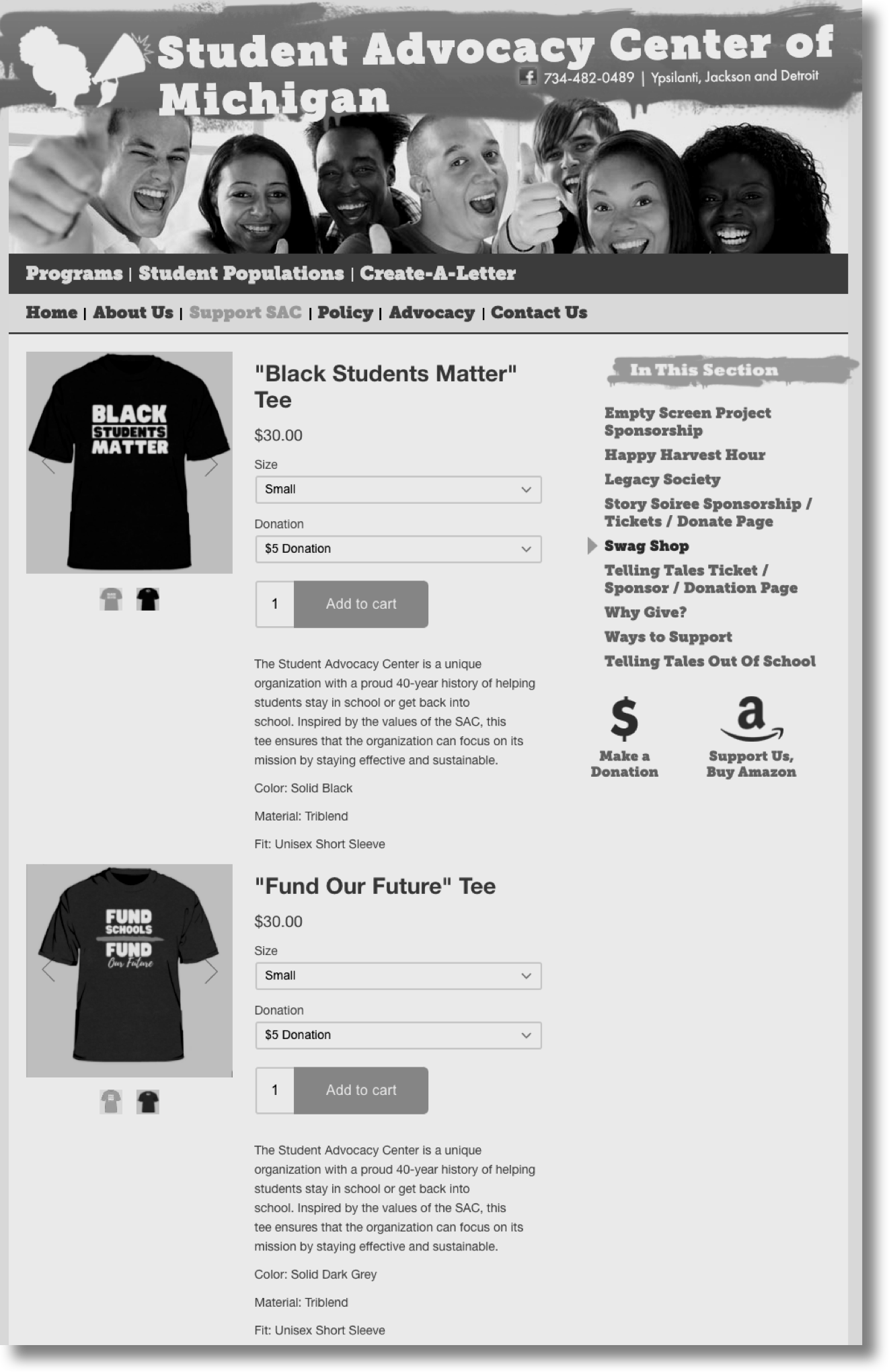 A portfolio image of our volunteer web development client Student Advocacy Center of Michigan, whom for we added a Shopify based eCommerce section to their existing WordPress site.